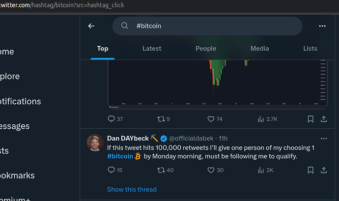 Daniel Dabek in the top for Bitcoin hashtag on twitter X