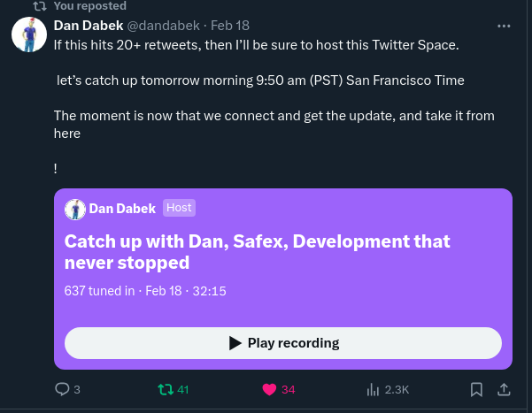 Daniel Dabek Live Twitter Update February 19, 2024 Safex Future Roadmap and Story Line