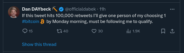 Daniel Dabek giving away 1 bitcoin on twitter X